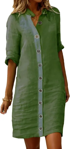 Button Down Dress for Women Casual Linen Flowy Shift Midi Dress Summer V Neck Half Sleeve Loose Beach Shirt Dresses