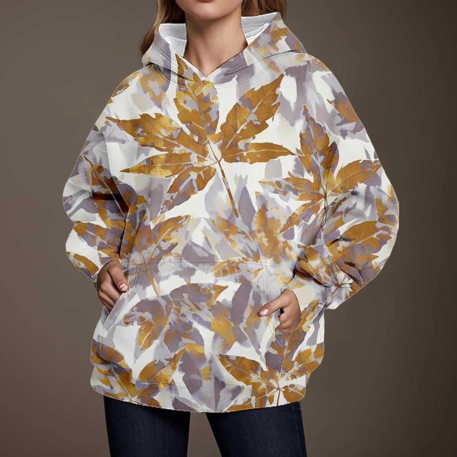 Camo Hoodie Womens Trendy Maple Leaf Print Oversized Pullover Hooded Sweatshirts with Kangaroo Pocket Tops