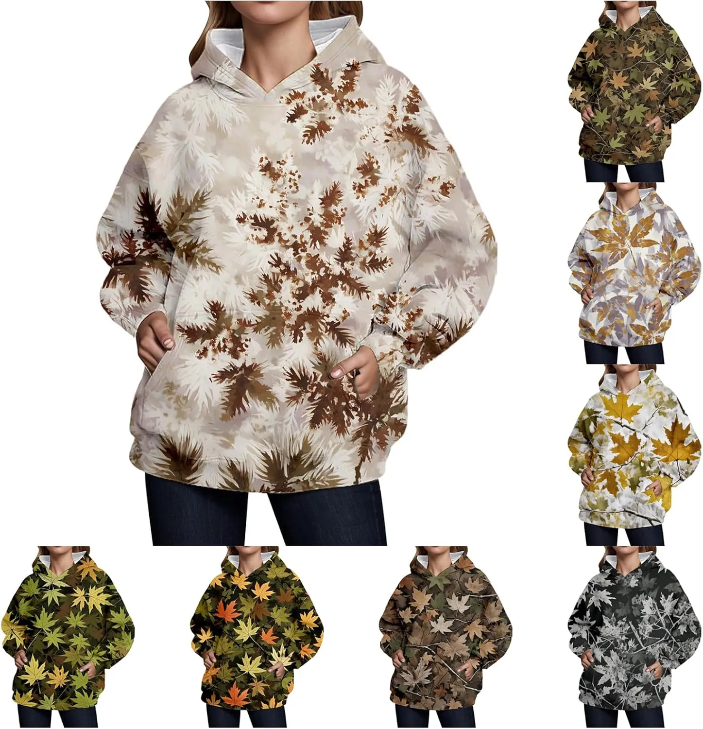 Camo Hoodie Womens Trendy Maple Leaf Print Oversized Pullover Hooded Sweatshirts with Kangaroo Pocket Tops