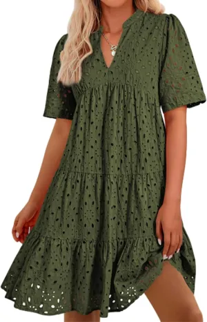 Casual Eyelet Dress for Women,Hollow Out Ruffle Casual Mini,Women Summer Ruffle Hem Floral Eyelets Dresses