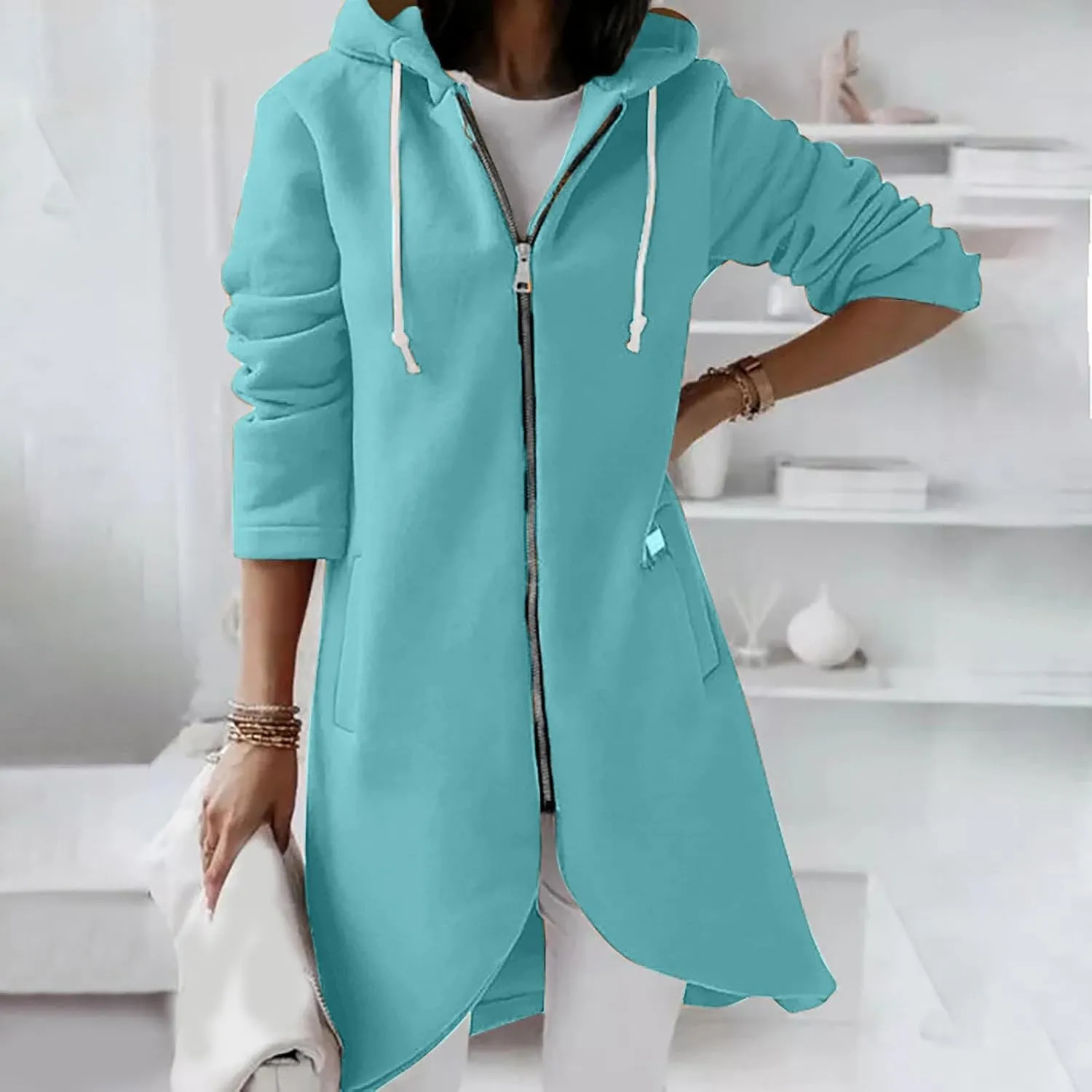 Ceboyel Women Zip Up Hoodies Zipper Long Hooded Jackets Solid Casual Tunic Sweatshirt Trendy Winter Outfits Clothes 2023