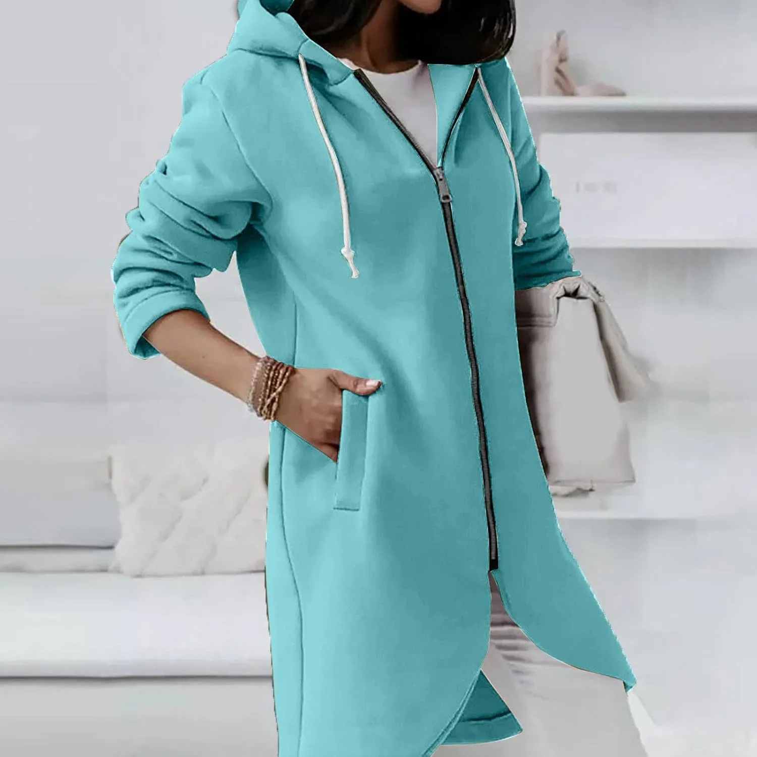 Ceboyel Women Zip Up Hoodies Zipper Long Hooded Jackets Solid Casual Tunic Sweatshirt Trendy Winter Outfits Clothes 2023
