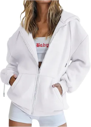 Ceboyel Womens Oversized Hoodie Sweatshirt Full Zip Up Jacket Drawstring Hooded Top Teen Girl Y2k Preppy Clothing with Pocket