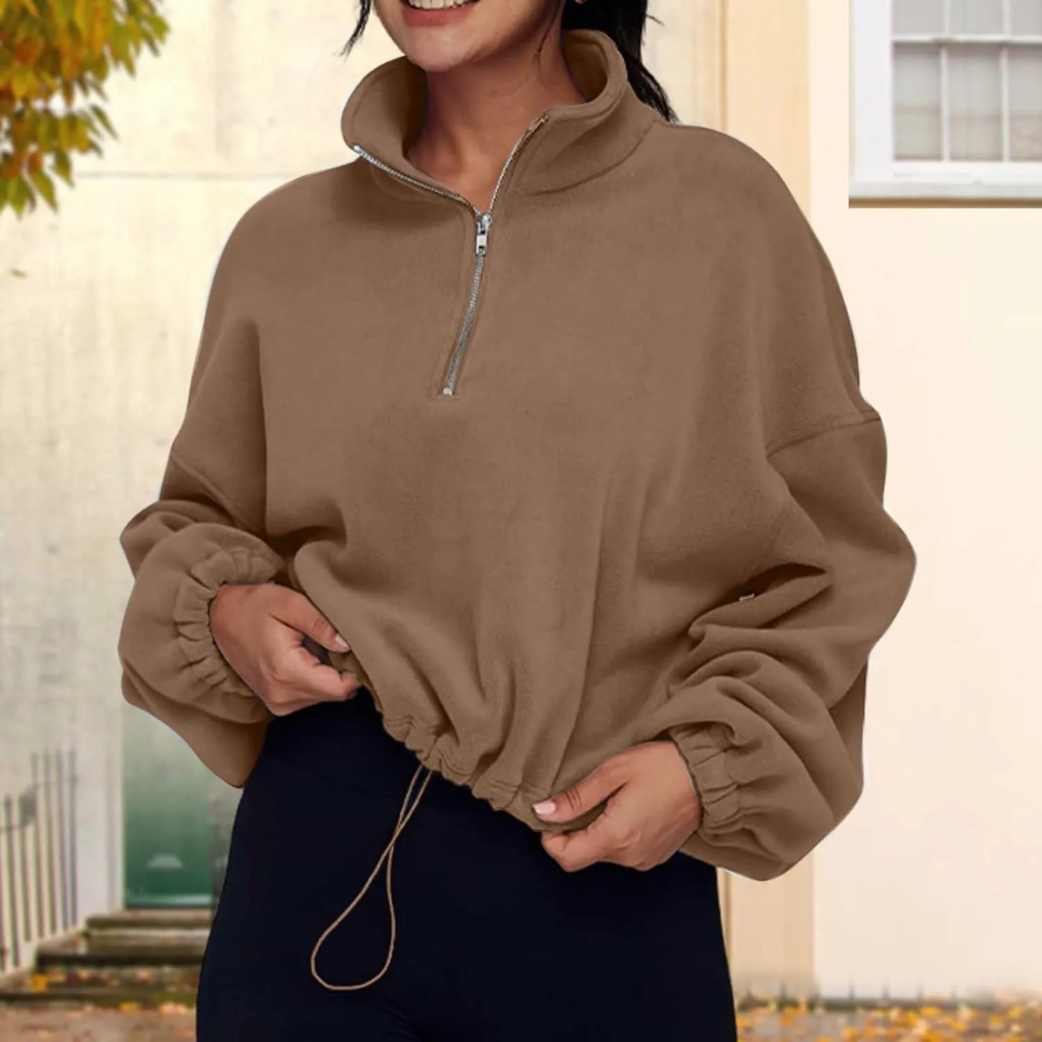 Ceboyel Womens Oversized Sweatshirt 2023 Half Zip Pullover Sweaters Drawstring Cropped Hoodie Trendy Y2K Teen Girls Clothes