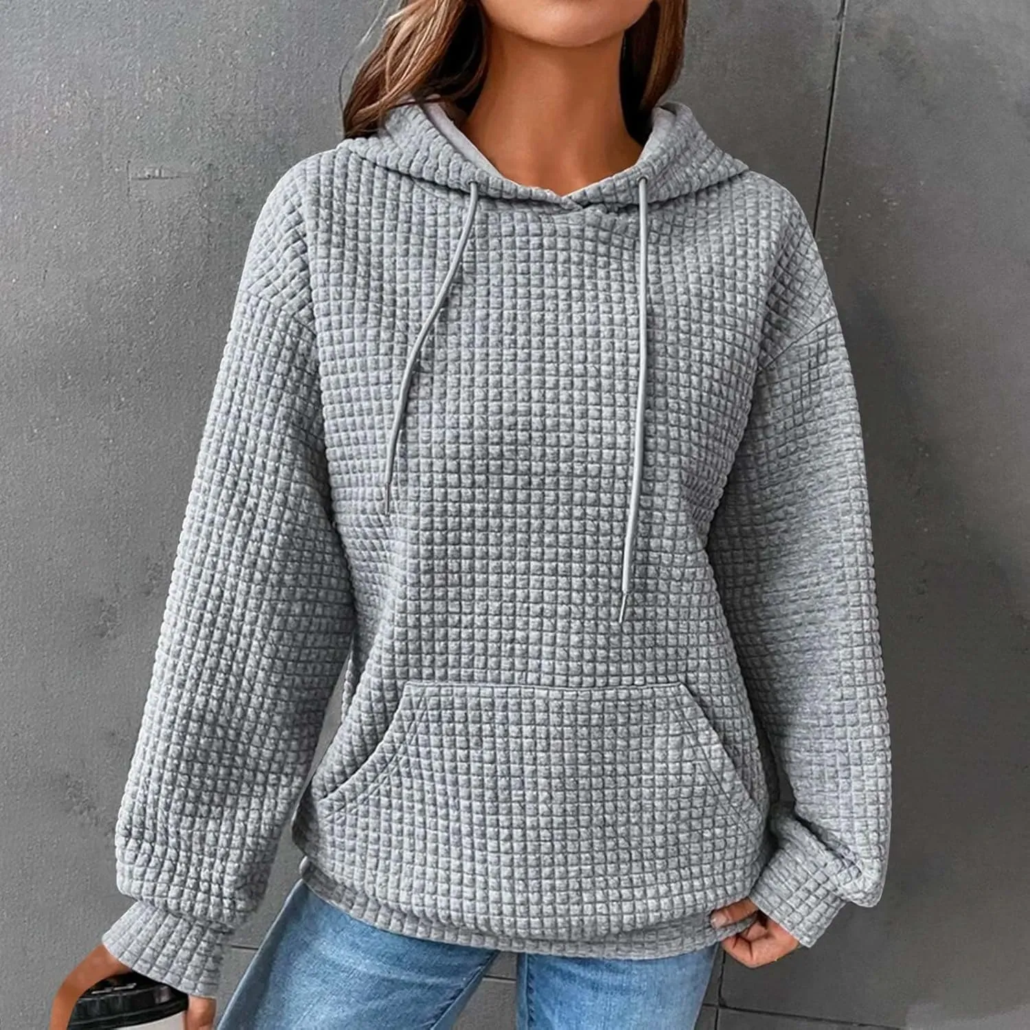 Ceboyel Womens Solid Color Cute Hoodie 2023 Waffle Knit Sweatshirts Comfort Sweater Tops Teen Girls Trendy Clothes 2023