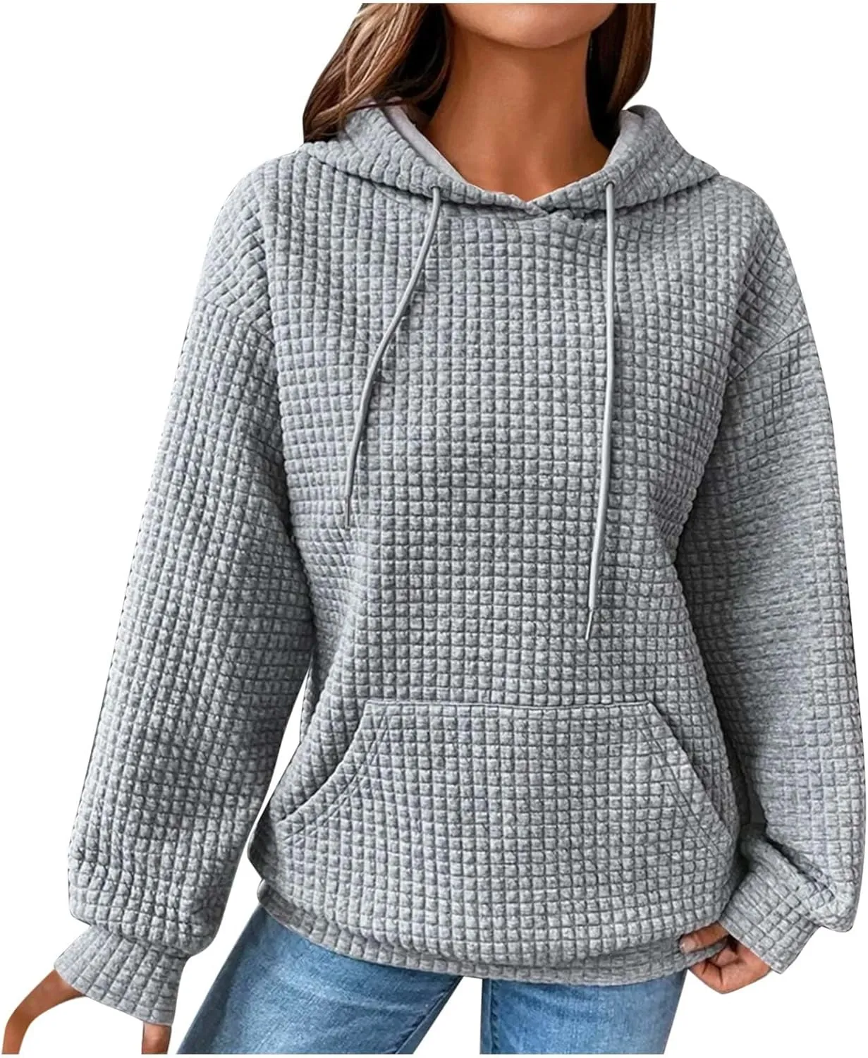 Ceboyel Womens Solid Color Cute Hoodie 2023 Waffle Knit Sweatshirts Comfort Sweater Tops Teen Girls Trendy Clothes 2023