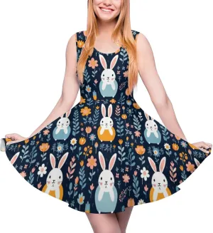 Cute Bunny Floral Women's Dress Round Neck Dress Sleeveless Tank Dress Ruffle Hem Mini Dresses L