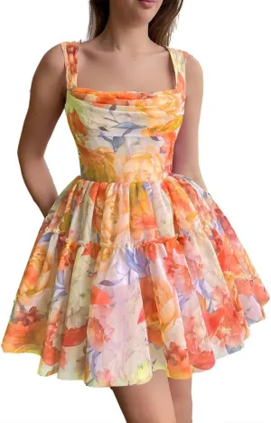 Cute Tulle Floral Print Prom Dress Long Senior Evening Gown for Girls WD109