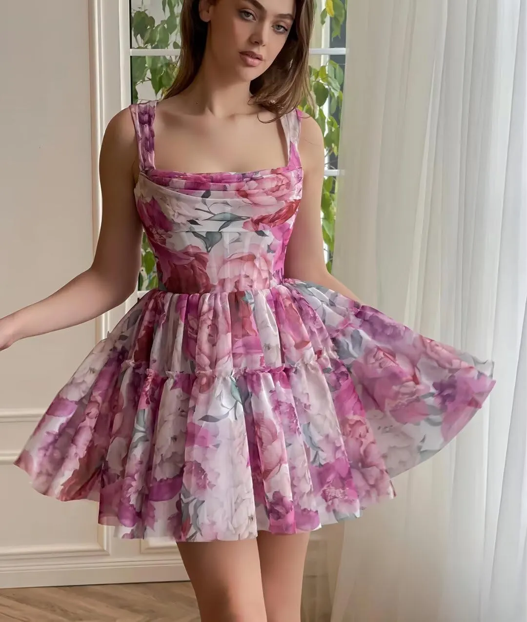 Cute Tulle Floral Print Prom Dress Long Senior Evening Gown for Girls WD109
