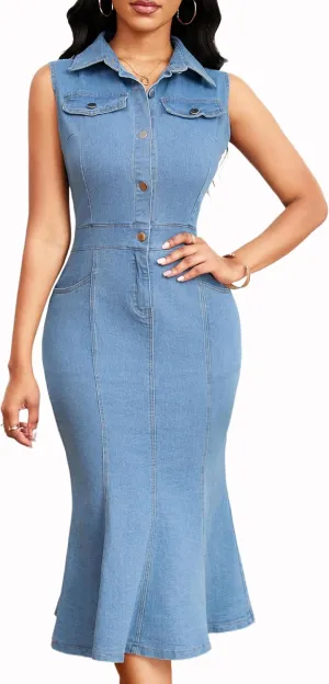 Denim Dress for Women Bodycon Sexy Short Sleeve Jean Split Workwear Dresses with Zipper Club Party Night