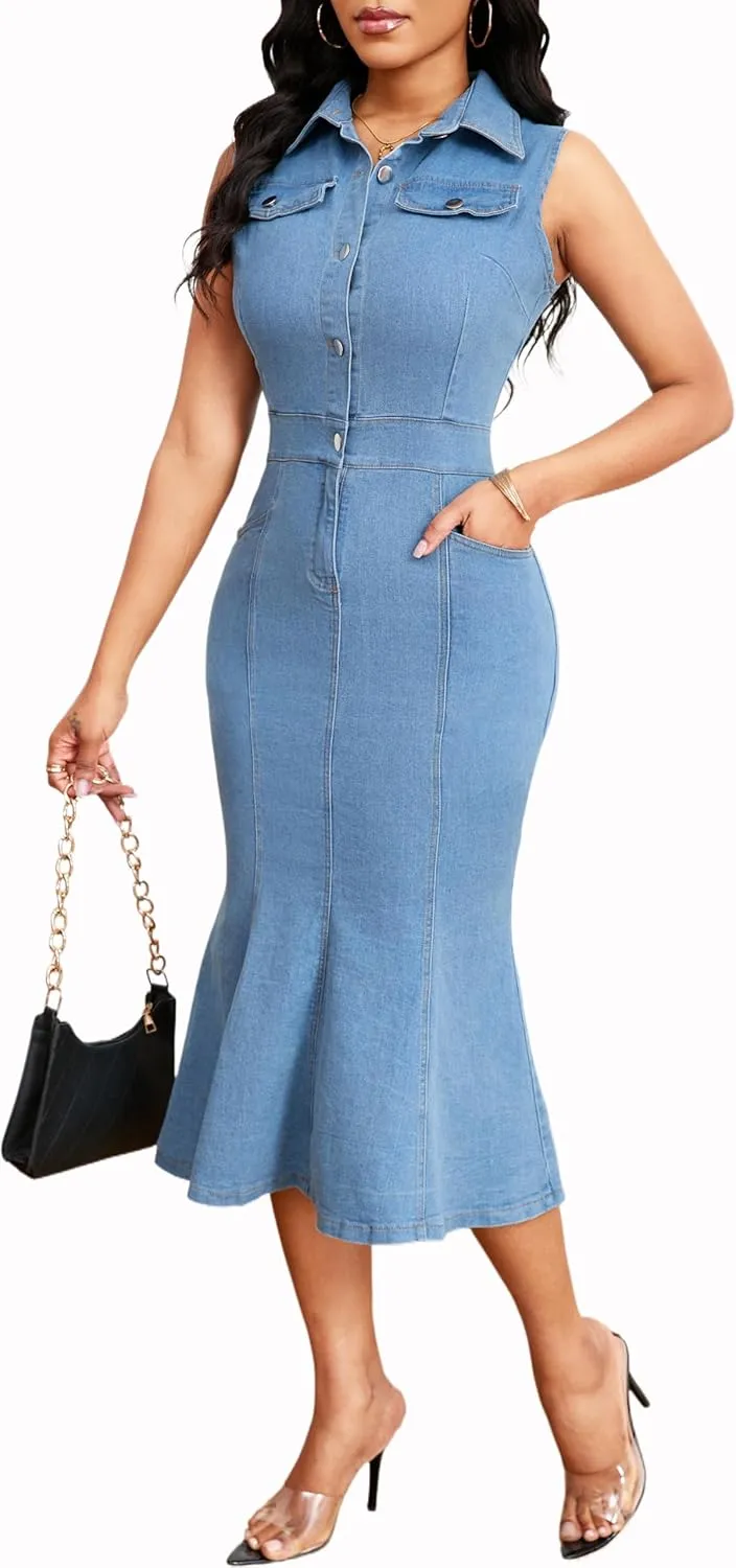 Denim Dress for Women Bodycon Sexy Short Sleeve Jean Split Workwear Dresses with Zipper Club Party Night