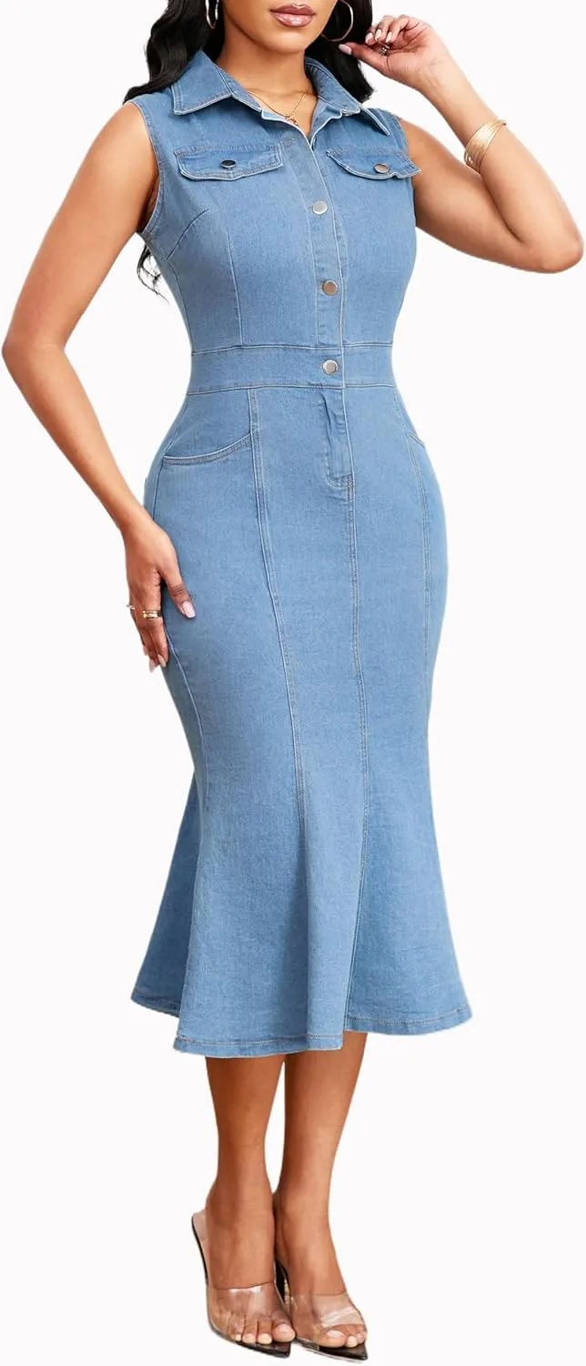 Denim Dress for Women Bodycon Sexy Short Sleeve Jean Split Workwear Dresses with Zipper Club Party Night