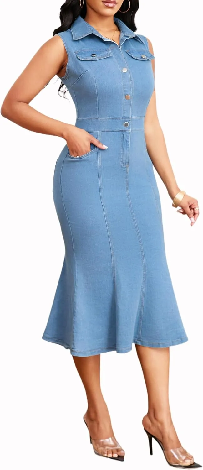 Denim Dress for Women Bodycon Sexy Short Sleeve Jean Split Workwear Dresses with Zipper Club Party Night