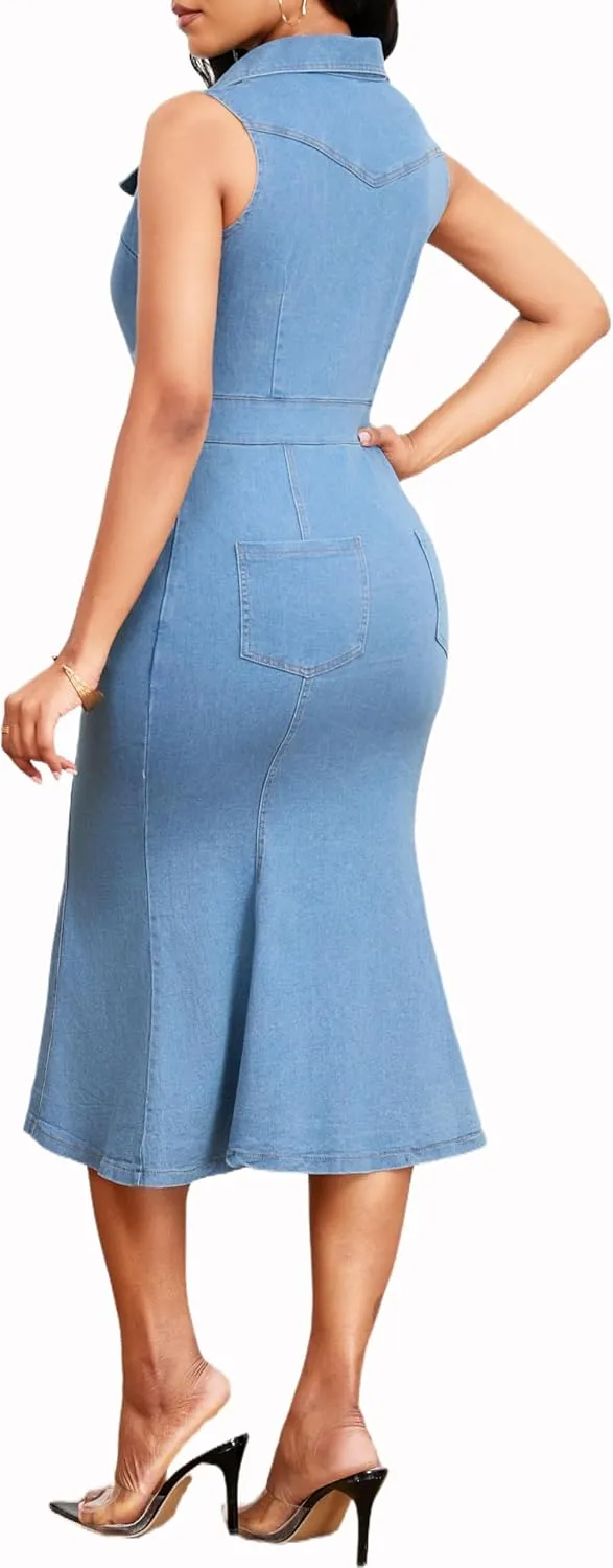 Denim Dress for Women Bodycon Sexy Short Sleeve Jean Split Workwear Dresses with Zipper Club Party Night