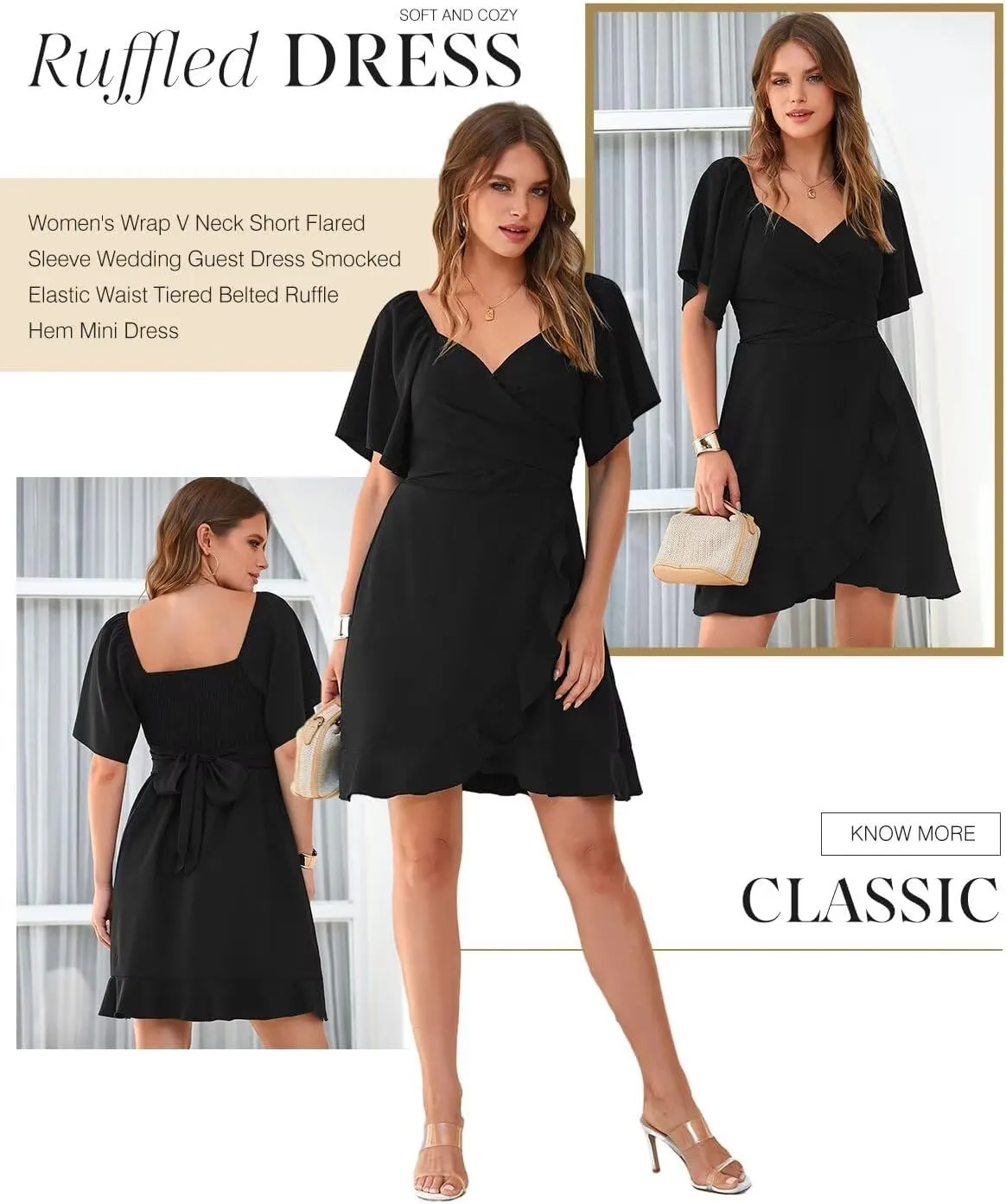 Dokotoo Women's Wrap V Neck Short Flared Sleeve Wedding Guest Dress Smocked Elastic Waist Tiered Belted Ruffle Hem Mini Dress