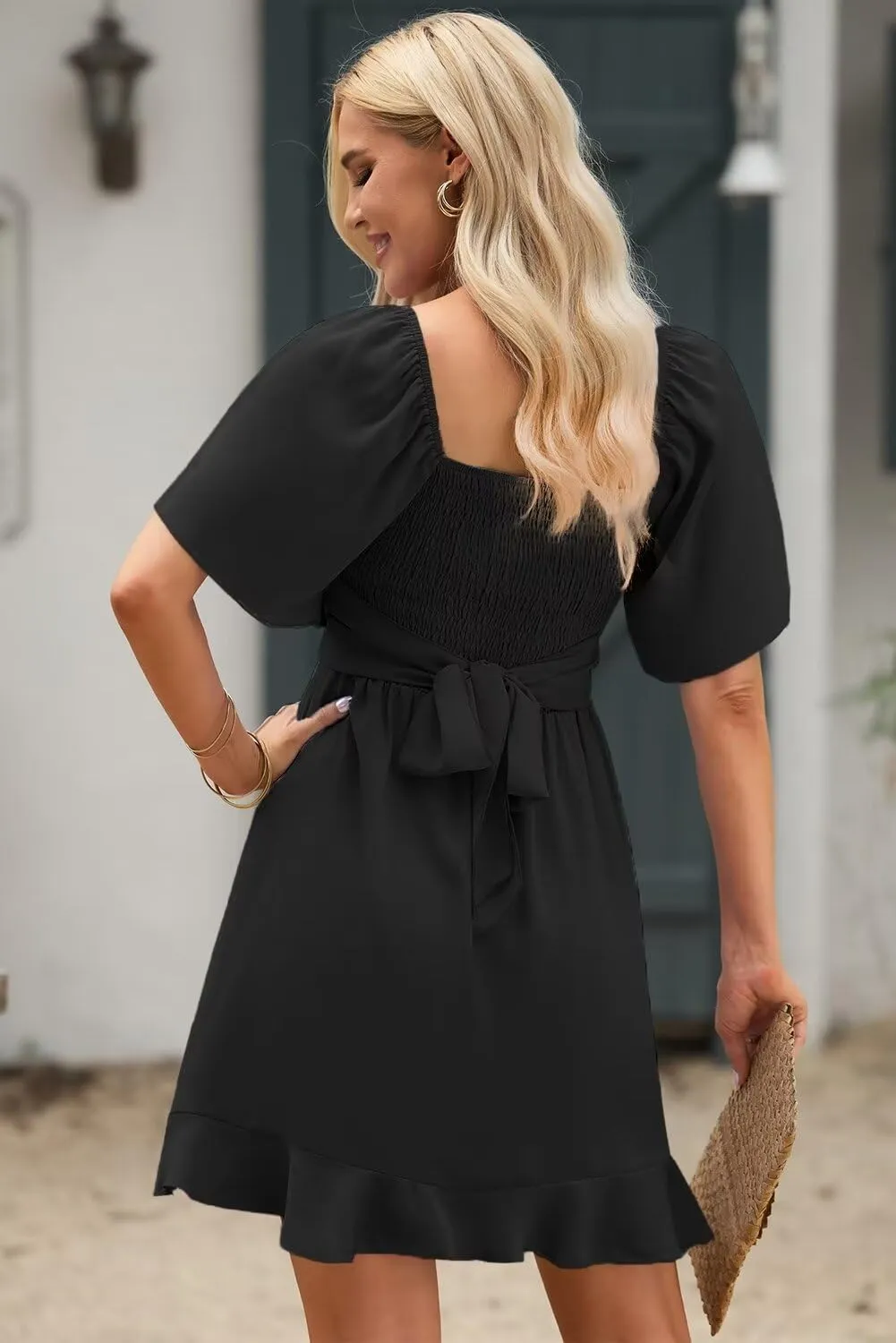 Dokotoo Women's Wrap V Neck Short Flared Sleeve Wedding Guest Dress Smocked Elastic Waist Tiered Belted Ruffle Hem Mini Dress