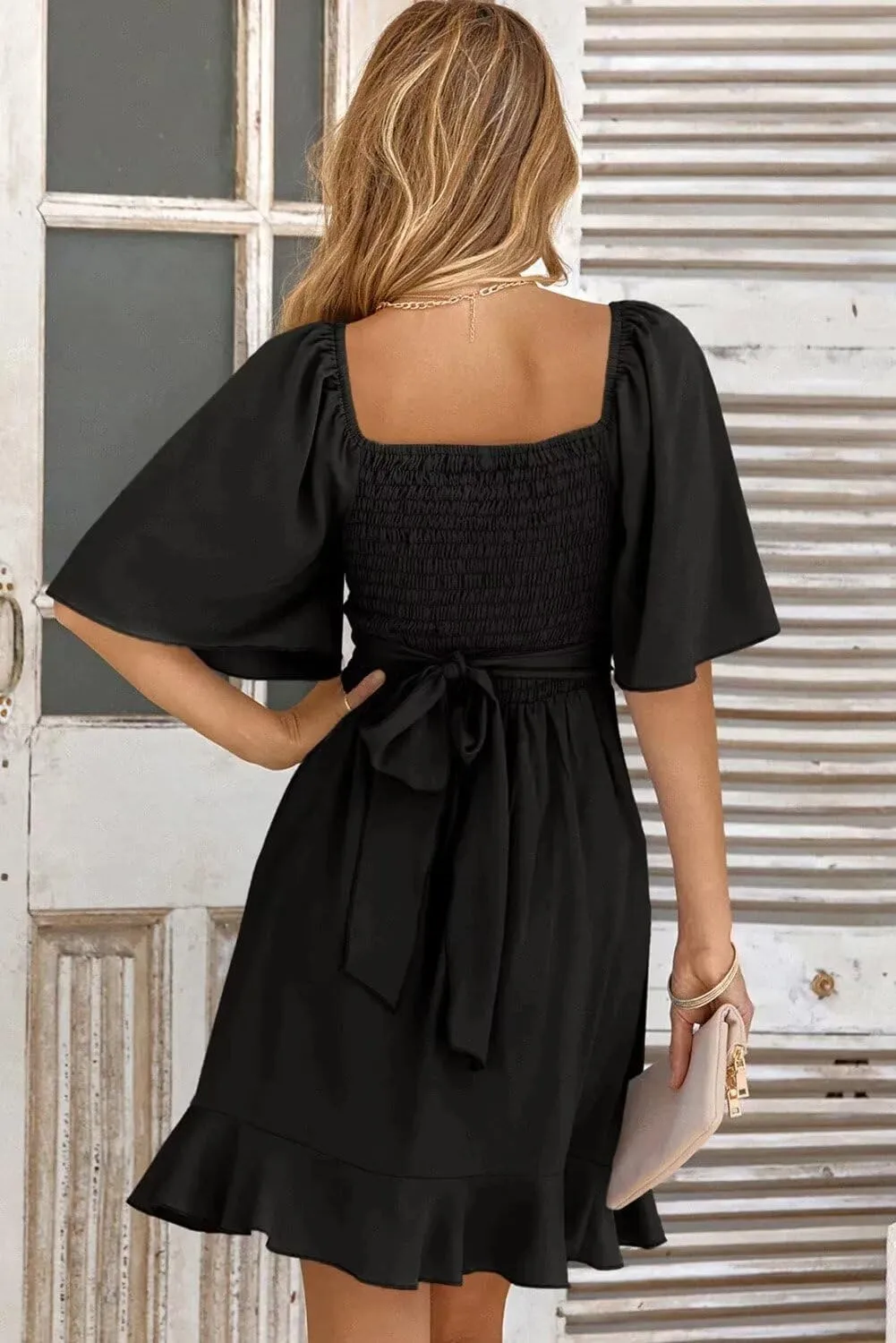Dokotoo Women's Wrap V Neck Short Flared Sleeve Wedding Guest Dress Smocked Elastic Waist Tiered Belted Ruffle Hem Mini Dress
