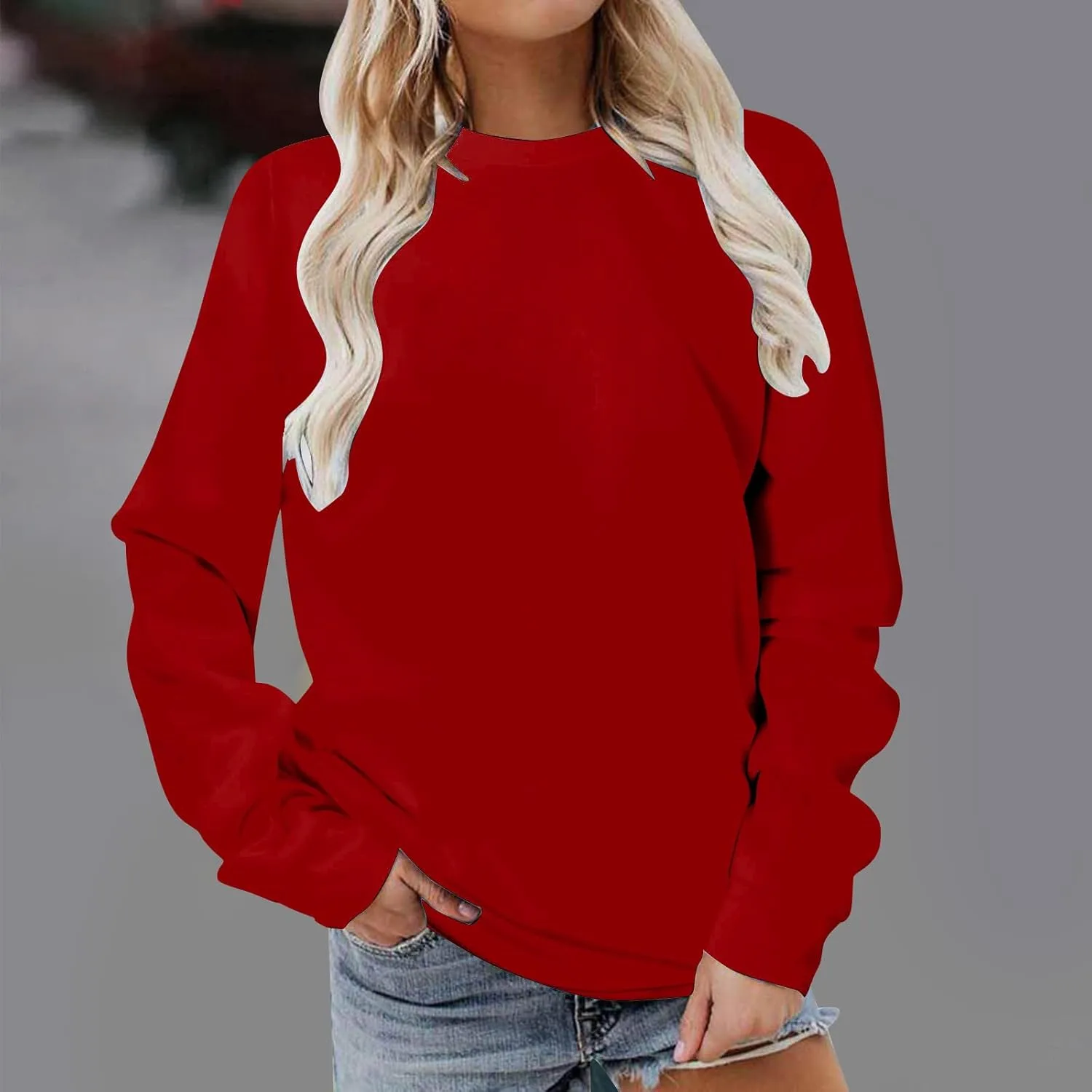 DOLKFU Sweatshirt For Womens Fashion Long Sleeve Solid Color Pullover Shirts Loose Crew Neck Casual Sweatshirts