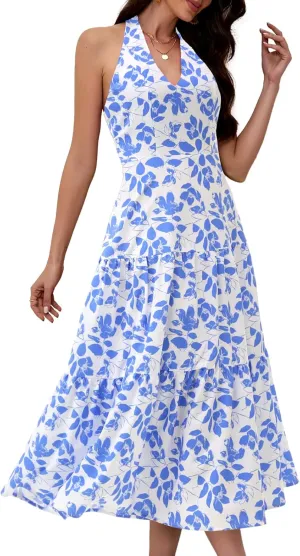 DRESSTELLS Women's Summer Floral Dresses Maxi Boho Casual Halter Neck Spring Vintage Flowy Beach Long Sundress