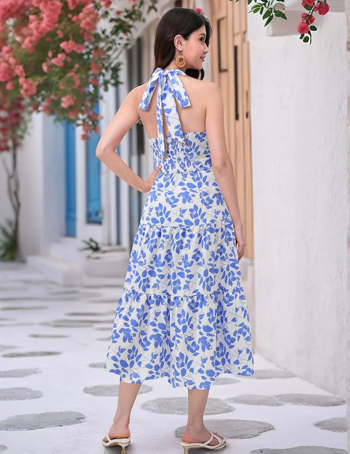 DRESSTELLS Women's Summer Floral Dresses Maxi Boho Casual Halter Neck Spring Vintage Flowy Beach Long Sundress