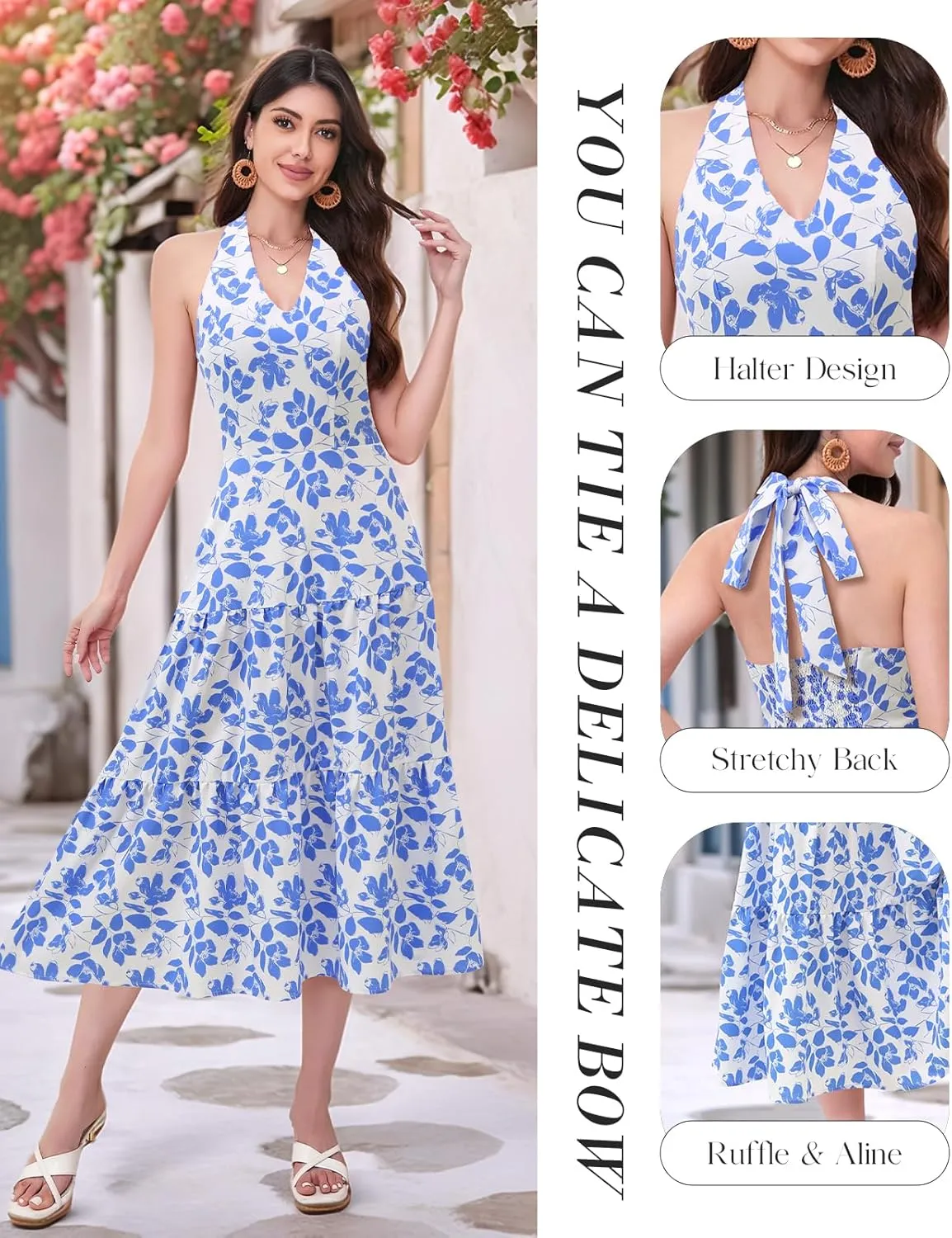 DRESSTELLS Women's Summer Floral Dresses Maxi Boho Casual Halter Neck Spring Vintage Flowy Beach Long Sundress