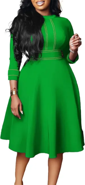 Ecirod Formal Plus Size Midi Dress for Women Fall Mock Neck Long Sleeve Empire Waist A Line Swing Party Dresses