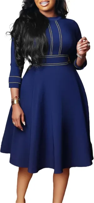 Ecirod Formal Plus Size Midi Dress for Women Fall Mock Neck Long Sleeve Empire Waist A Line Swing Party Dresses