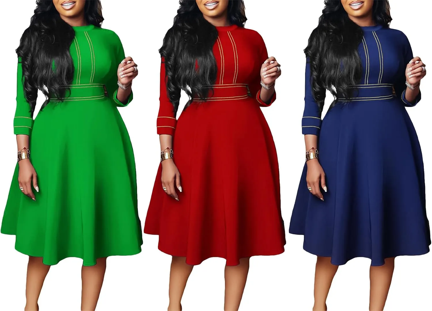 Ecirod Formal Plus Size Midi Dress for Women Fall Mock Neck Long Sleeve Empire Waist A Line Swing Party Dresses