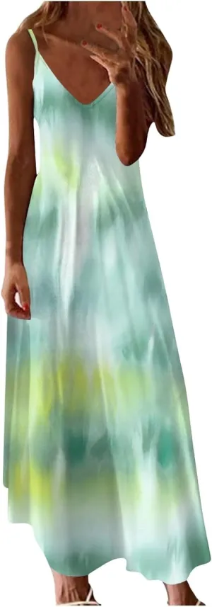 Eduavar Summer Dresses for Women, Maxi Dresses for Women 2024 Cute Floral Print Sleeveless V Neck Long Dress Beach Dress