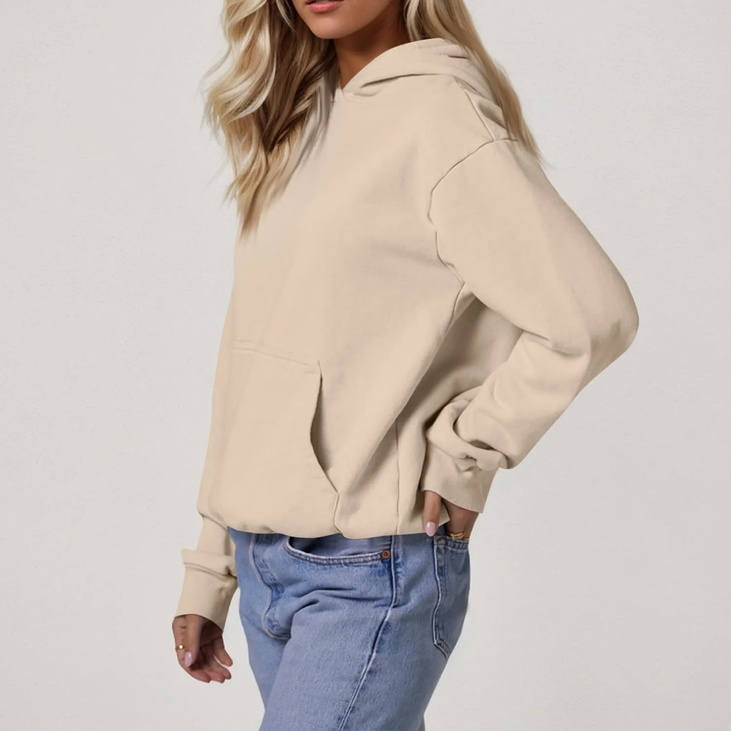 Fleece Hoodie Women Loose Fit Solid Color Oversized Sweaters Long Sleeve Hooded Sweatshirt with Pockets Pullover Tops