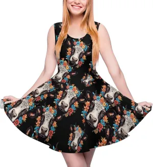 Floral Cow Head Women's Dress Round Neck Dress Sleeveless Tank Dress Ruffle Hem Mini Dresses 3XL