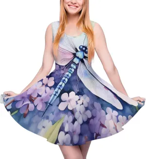 Floral Dragonfly Women's Dress Round Neck Dress Sleeveless Tank Dress Ruffle Hem Mini Dresses L