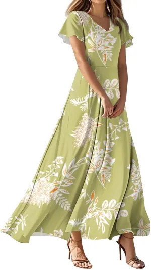 Floral Maxi Dresses for Women 2025 Summer Casual Ruffle Sleeve V Neck Chiffon Dress Flowy Swing Boho Beach Sundresses