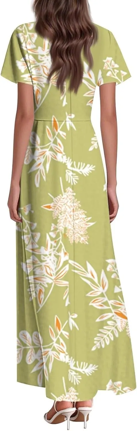 Floral Maxi Dresses for Women 2025 Summer Casual Ruffle Sleeve V Neck Chiffon Dress Flowy Swing Boho Beach Sundresses