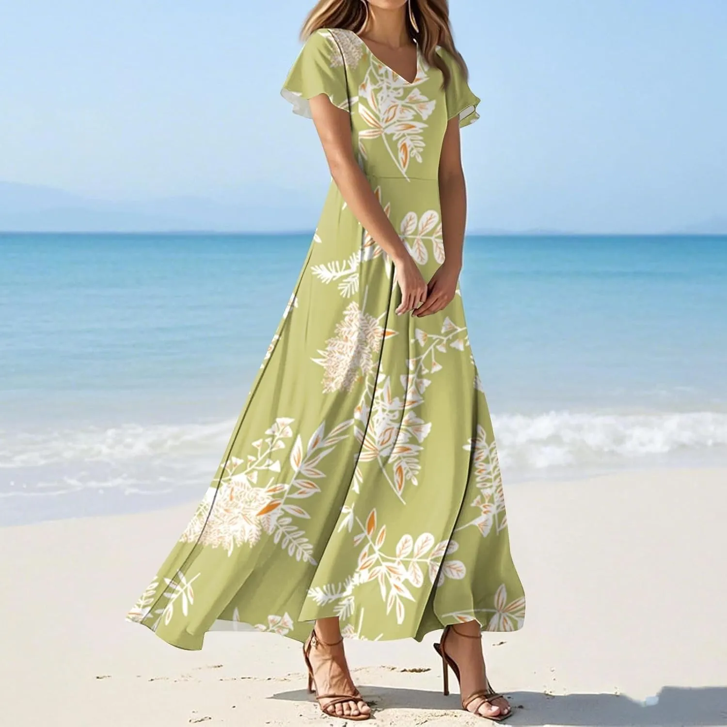 Floral Maxi Dresses for Women 2025 Summer Casual Ruffle Sleeve V Neck Chiffon Dress Flowy Swing Boho Beach Sundresses