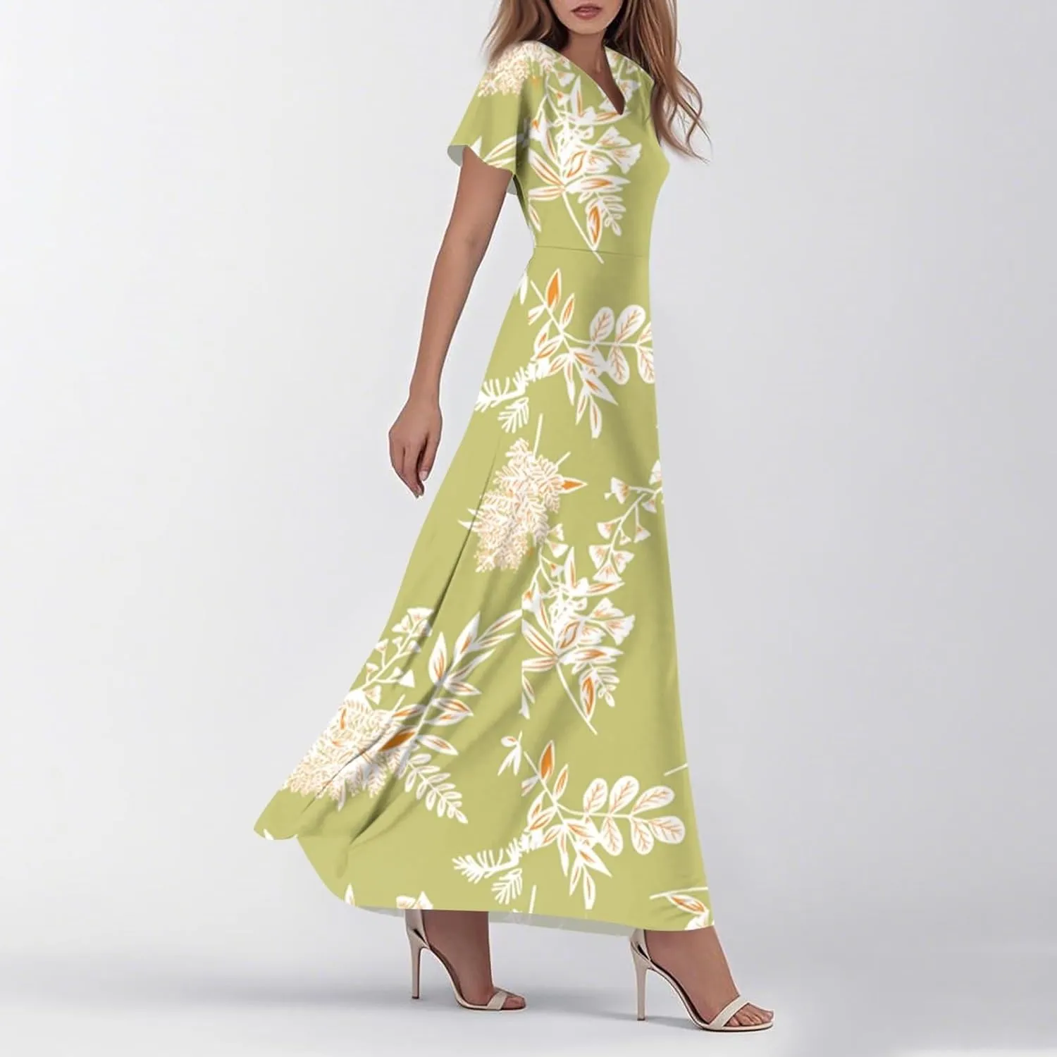 Floral Maxi Dresses for Women 2025 Summer Casual Ruffle Sleeve V Neck Chiffon Dress Flowy Swing Boho Beach Sundresses