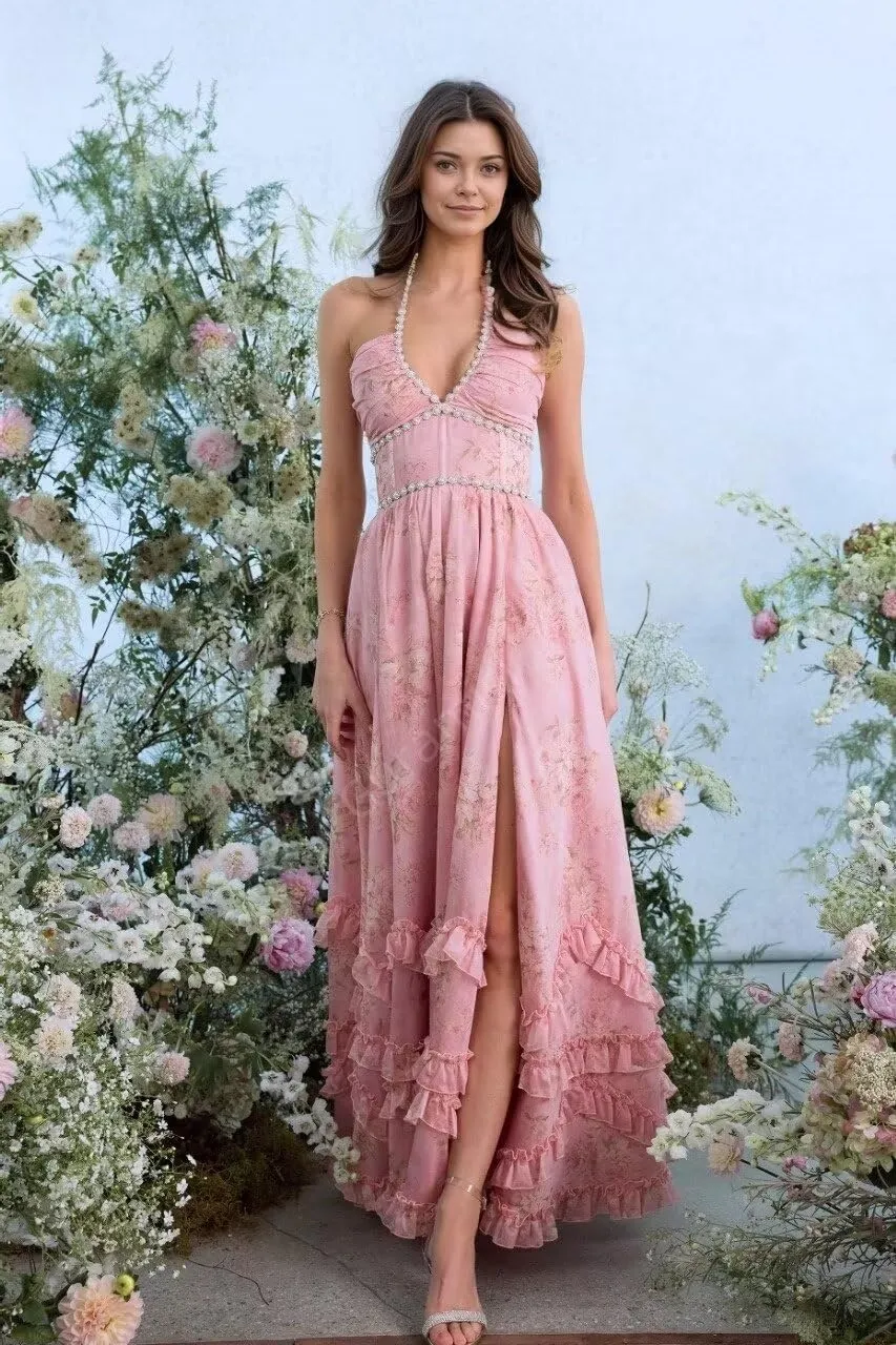 Floral Prom Dresses for Women 2025 Pearl Halter Chiffon Ruffles Ball Gowns Formal Evening Gowns with Slit