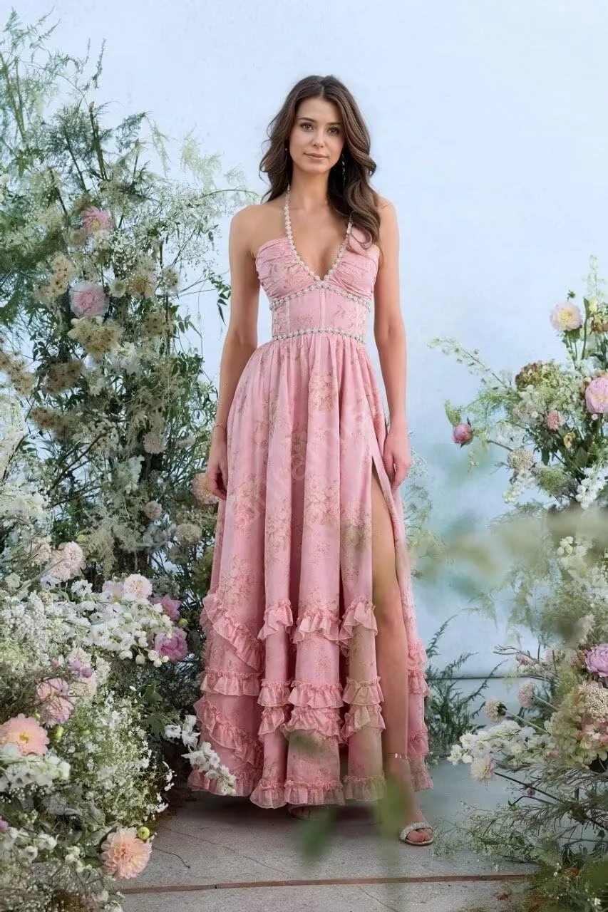Floral Prom Dresses for Women 2025 Pearl Halter Chiffon Ruffles Ball Gowns Formal Evening Gowns with Slit