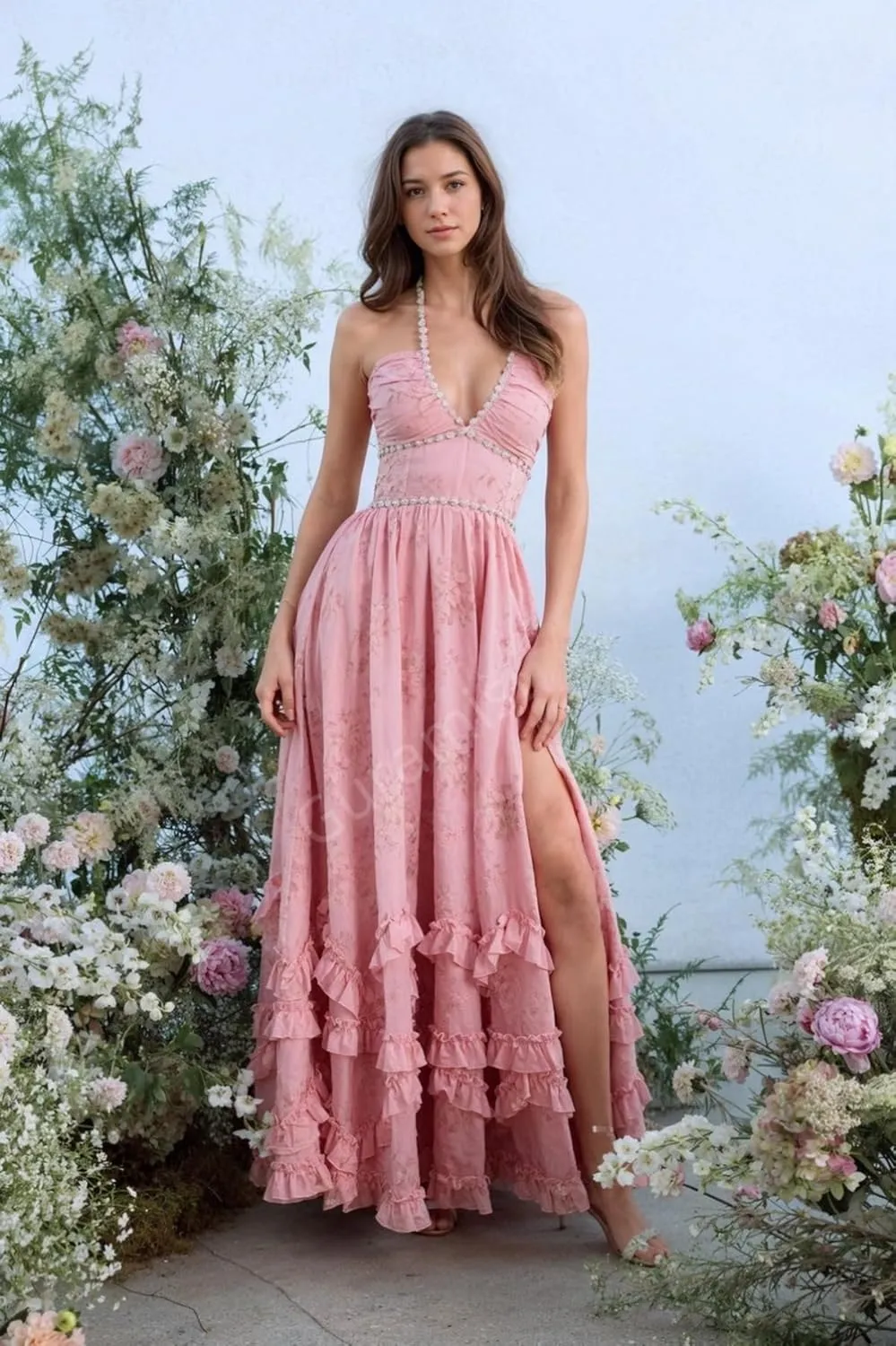 Floral Prom Dresses for Women 2025 Pearl Halter Chiffon Ruffles Ball Gowns Formal Evening Gowns with Slit