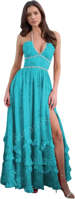 Floral Prom Dresses for Women 2025 Pearl Halter Chiffon Ruffles Ball Gowns Formal Evening Gowns with Slit