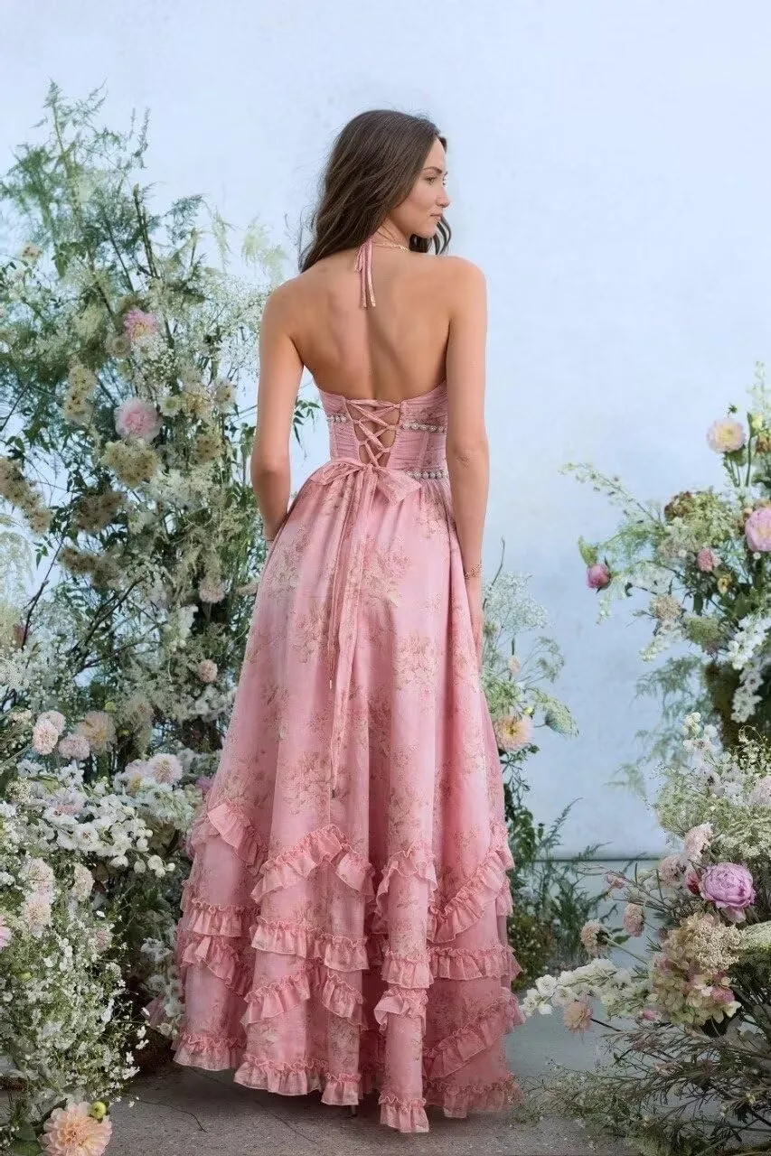 Floral Prom Dresses for Women 2025 Pearl Halter Chiffon Ruffles Ball Gowns Formal Evening Gowns with Slit