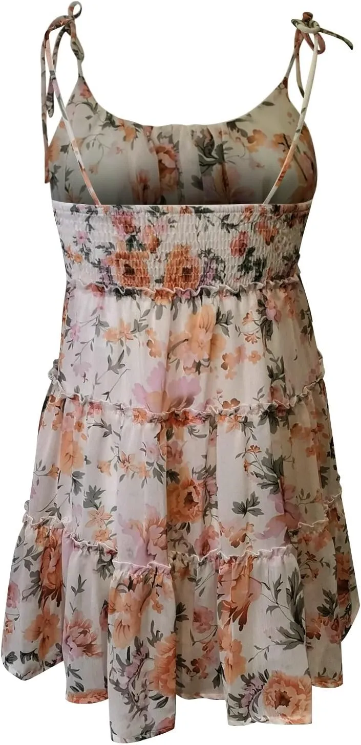 Floral Sundresses for Women 2025 Chiffon Spaghetti Strap Mini Babydoll Dress Casual Summer Tiered Ruffle Dress