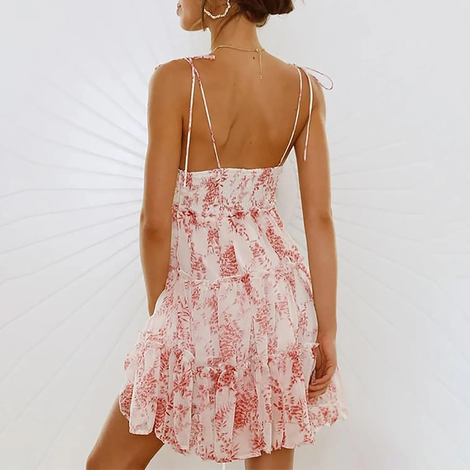 Floral Sundresses for Women 2025 Chiffon Spaghetti Strap Mini Babydoll Dress Casual Summer Tiered Ruffle Dress
