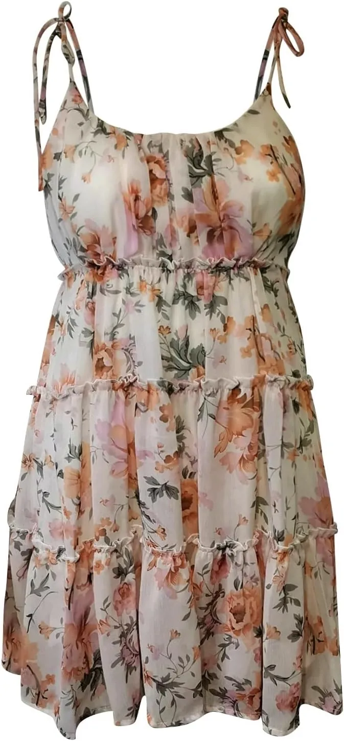 Floral Sundresses for Women 2025 Chiffon Spaghetti Strap Mini Babydoll Dress Casual Summer Tiered Ruffle Dress