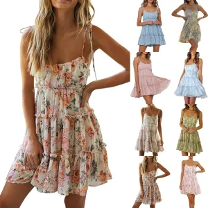 Floral Sundresses for Women 2025 Chiffon Spaghetti Strap Mini Babydoll Dress Casual Summer Tiered Ruffle Dress