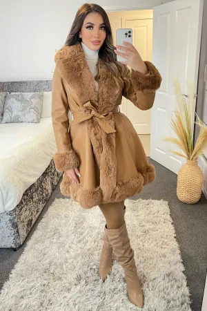 Fran Camel PU Faux Leather Faux Fur Trim Longline Belted Coat