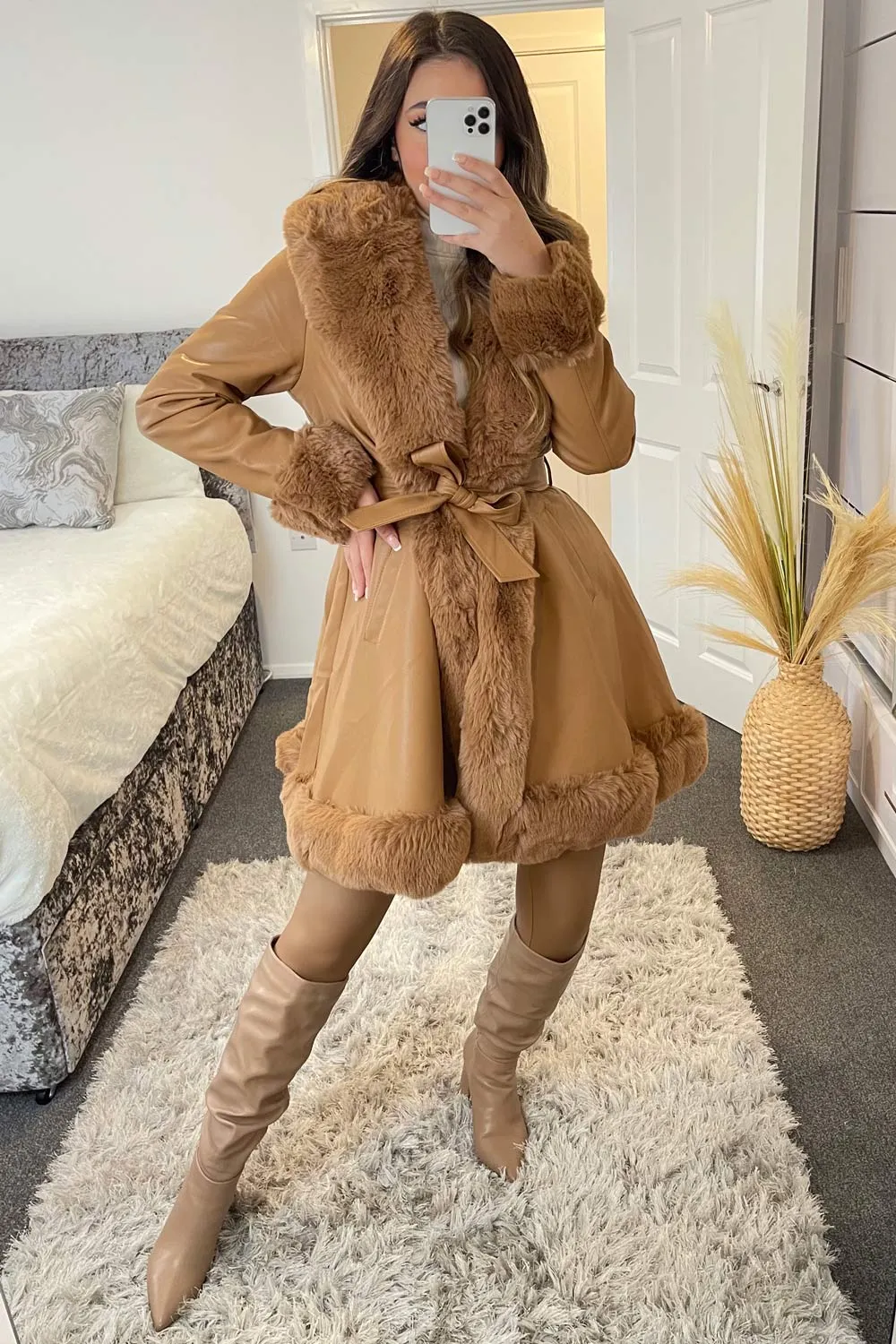 Fran Camel PU Faux Leather Faux Fur Trim Longline Belted Coat
