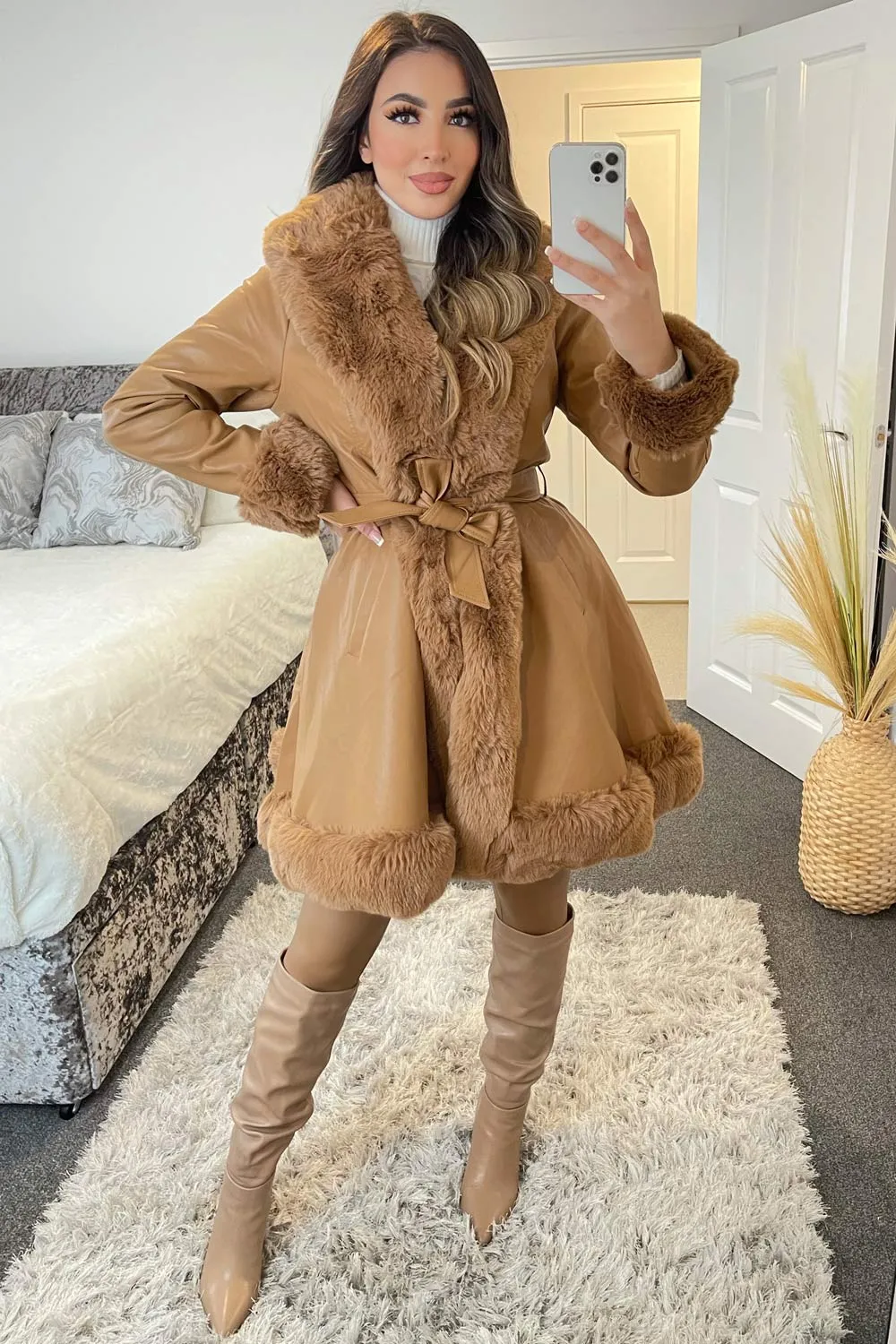 Fran Camel PU Faux Leather Faux Fur Trim Longline Belted Coat