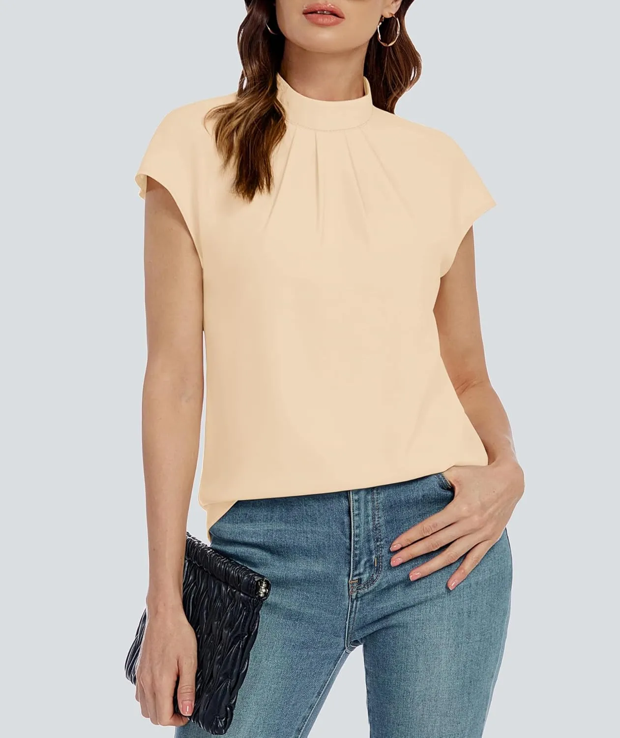 Funlingo Womens Summer Tops Mock Neck Short Cap Sleeve Blouses Business Casual Work Chiffon Shirts Front Pleated Tunic Top