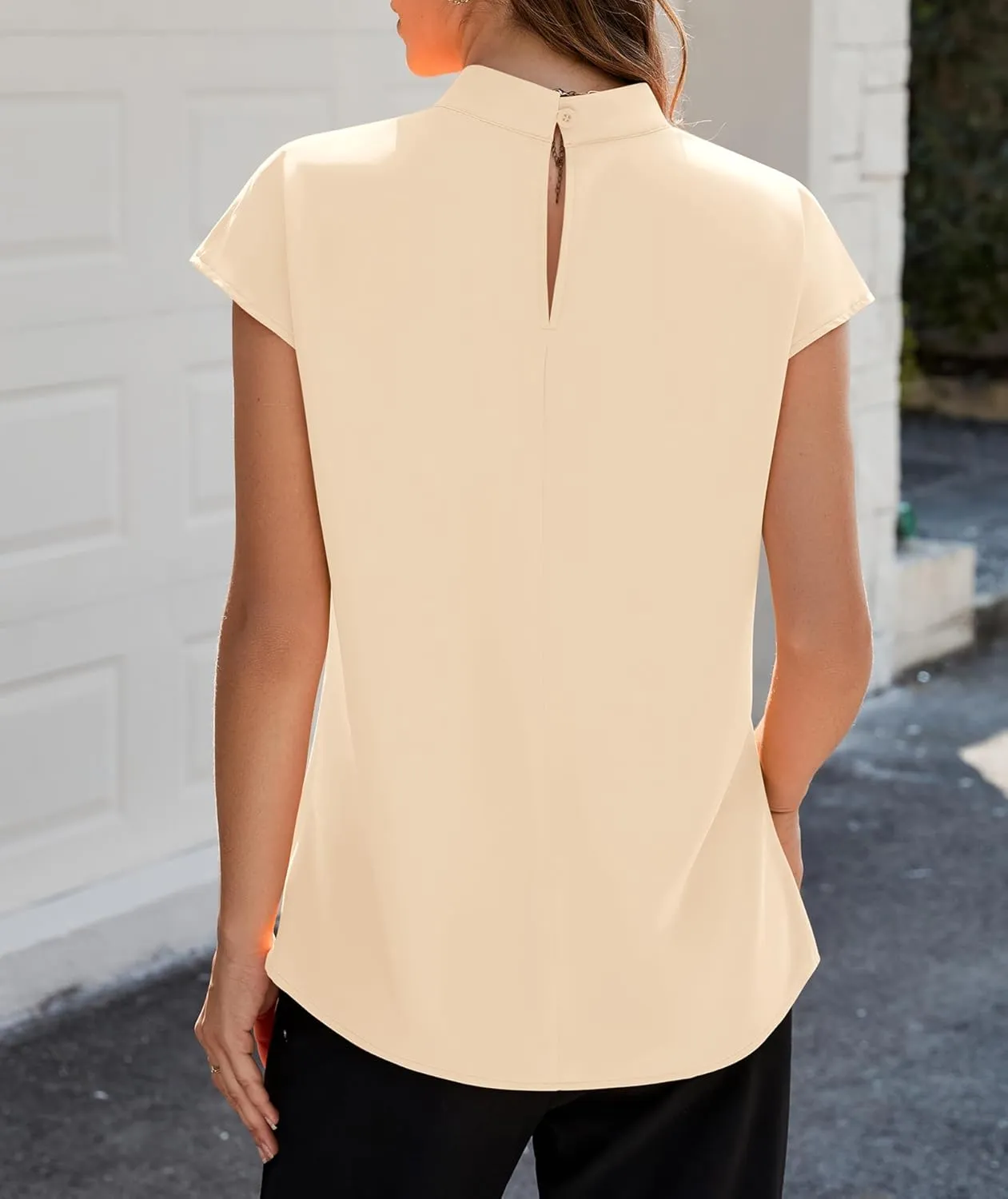 Funlingo Womens Summer Tops Mock Neck Short Cap Sleeve Blouses Business Casual Work Chiffon Shirts Front Pleated Tunic Top